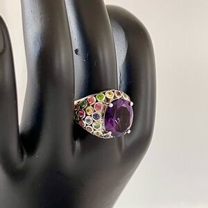 925 Sterling Silver, Amethyst 4.00CTW w/ 1.49CTW Multi Gemstones Ring Sz 8